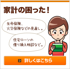 生命保険、火災保険などの見直し。住宅ローンの借り換え相談など。